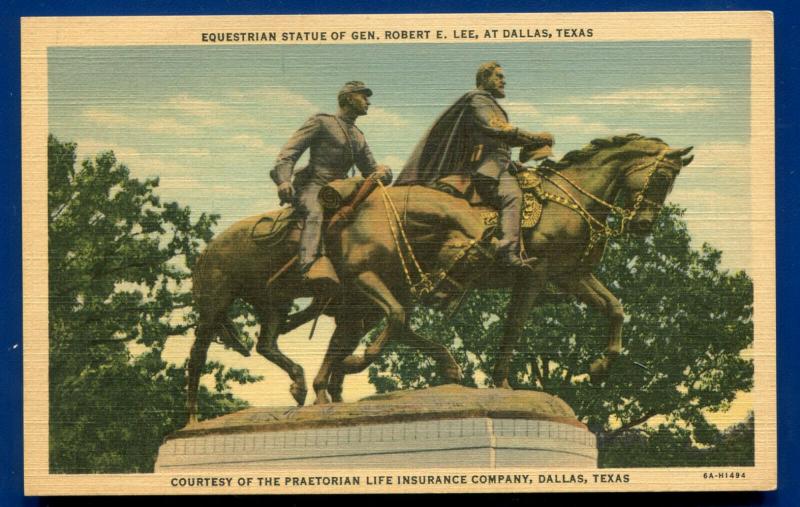 Robert E Lee Confederate Monument Statue Dallas Texas linen Postcard