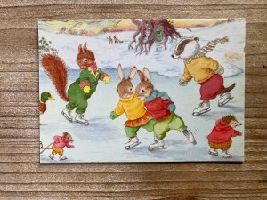 Boxing Day Skating, Jean Gilder, Rabbits, Forest Animals, Vintage Postcard