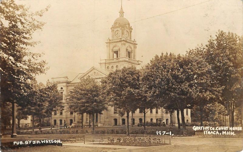 Ithaca Michigan~Caretaker Mows Grass on the Courthouse Lawn~Flower Bed~RPPC 1911 