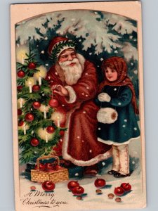 c1908 Merry Christmas Santa Claus Maroon Robe Ornaments Tree Embossed Dinuba CA