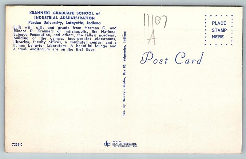 Postcard IN Lafayette Purdue University Krannert School Industrial Admin C30