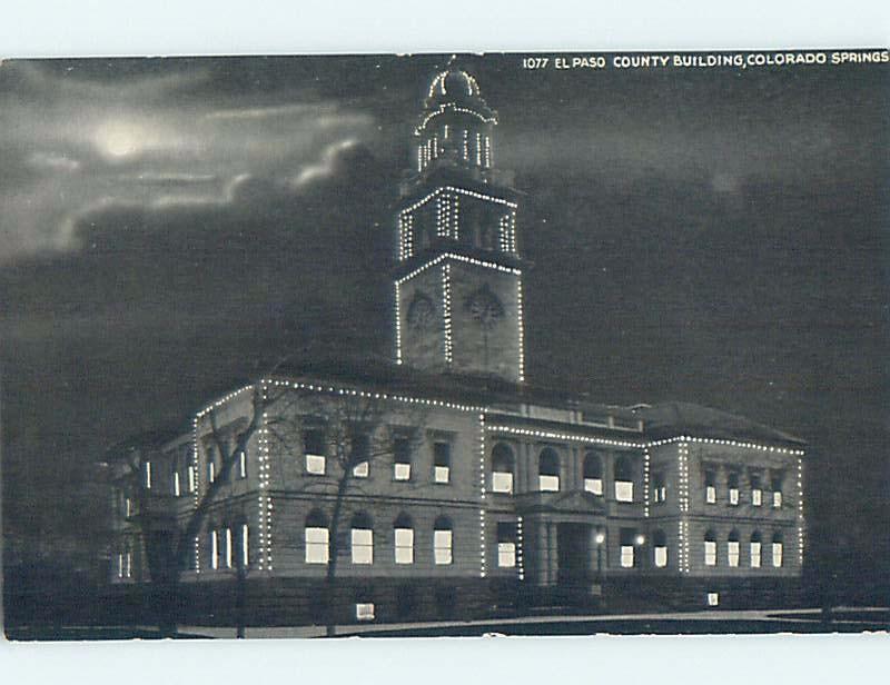 Unused Divided-Back COUNTY BUILDING AT NIGHT Colorado Springs Colorado CO G1422