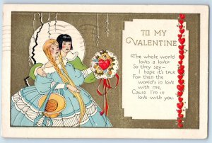 1934 Valentine Couple With Heart Flowers Bouquet Embossed Columbus OH Postcard