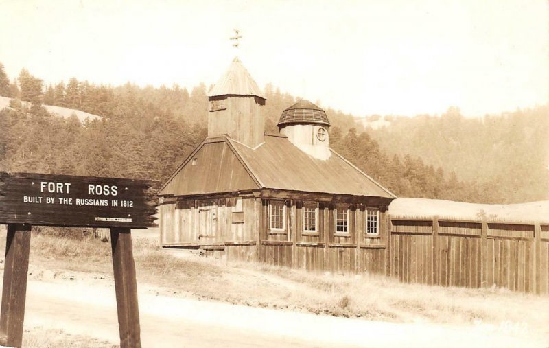 RPPC Old Russian Chapel, Fort Ross Wooden Sign, Jenner, CA c1940s Zan Postcard