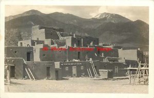 Native American Indian Pueblo, RPPC, Taos, New Mexico,Sangre de Cristo Mountains
