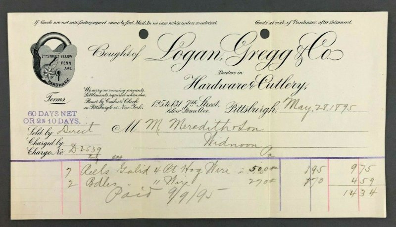 1895 Logan Gregg Co Cutlery 7th St Penn Ave Pittsburgh PA Receipt Bill Widnoon