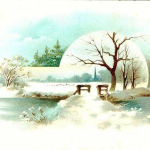 c1880s Litho Art Winter Scene Distant Church Stock Trade Card Xmas Greeting C20