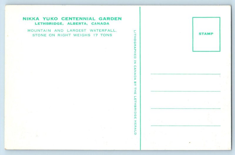 Lethbridge Canada Postcard Nikka Yuko Garden Mountain and Waterfall c1950's