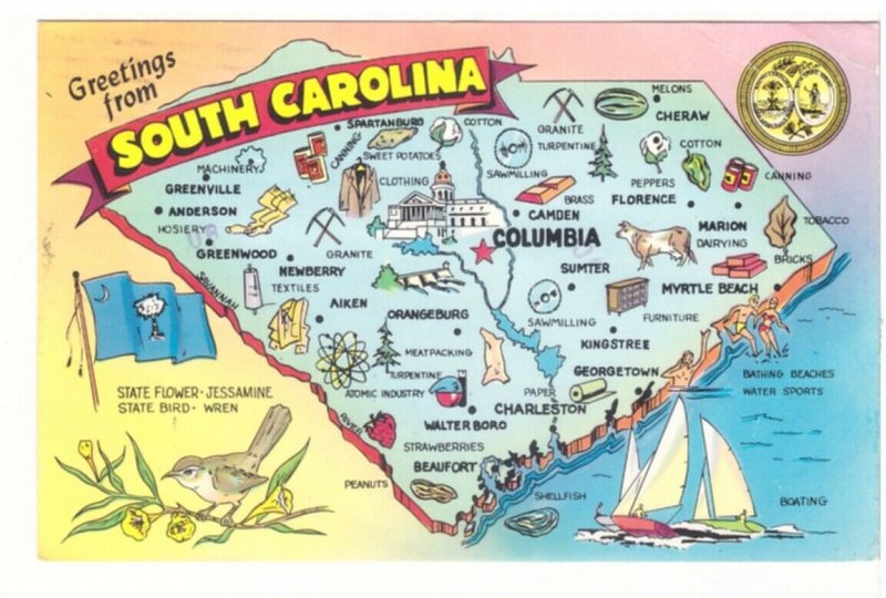 South Carolina Map Showing Industries And State Facts, Vintage 1978 Postcard