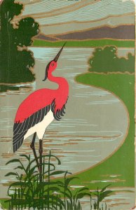 Art Nouveau Postcard 370. Tall Red Heron type Bird at River's Edge, Germany