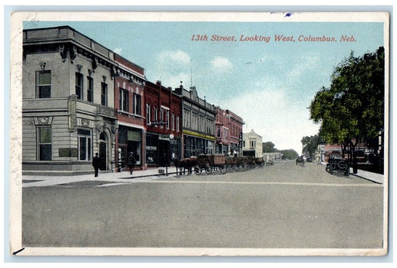 1915 13th Street Looking East Horse Carriage Building Columbus Nebraska Postcard