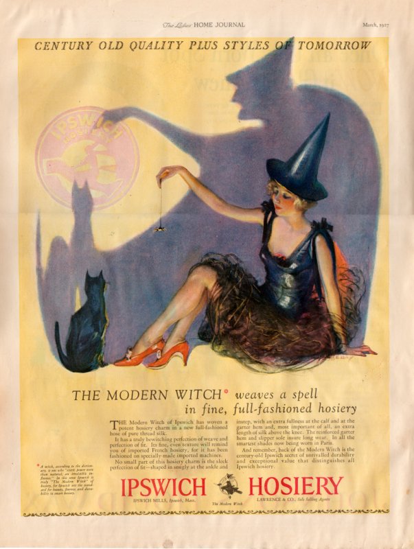 Vintage 1927 Ipswich Hosiery Ad Witch & Black Cat Modern Witch Weaves a Spell