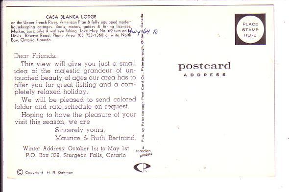 Casa Blanca Lodge, North Bay, Advertising Latter in Back