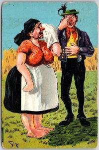 1908 Crying Lady And Man Farm Scene Comic Card Posted Postcard