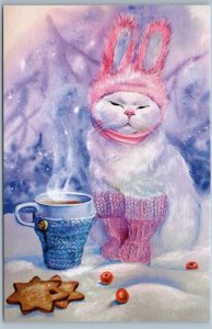 FUNNY CAT as BUNNY Snow Winter Coffee So Cute White Russian New Postcard