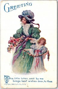 VINTAGE POSTCARD CLASSICAL GREETINGS EDWARDIAN WOMAN WITH BOUQUET AND GIRL