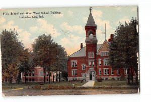 Columbia City Indiana IN Creased Damaged Postcard High School and West Ward