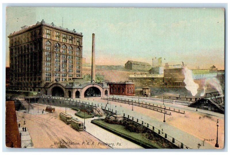 1912 Union Station PRR Railroad Trolley Train Pittsburg Pennsylvania PA Postcard