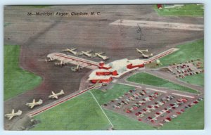 CHARLOTTE, North Carolina NC ~ Aerial View MUNICIPAL AIRPORT 1956 Linen Postcard