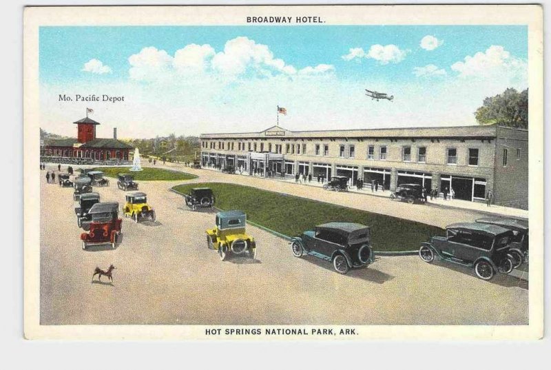 PPC POSTCARD ARKANSAS HOT SPRINGS BROADWAY HOTEL MO PACIFIC DEPOT AIRPLANE MODEL