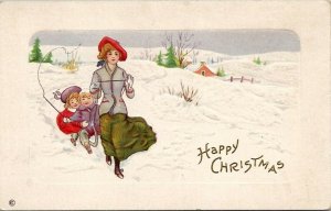 Christmas Snow Scene Mother Pulling Children on Sled Embossed Postcard T15