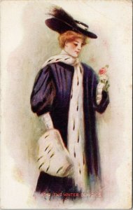 'Two Winter Beauties' Woman with Hat Scarf Purple Dress Rose Lady Postcard G23