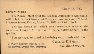 Roanoke Virginia Automobile Association Meeting Notice c1929 Vintage Postcard