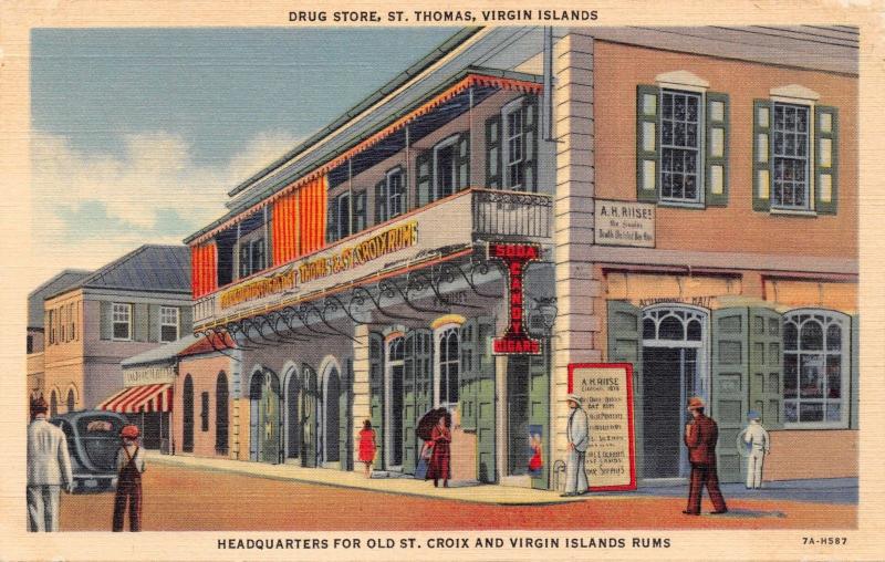 ST THOMAS VIRGIN ISLANDS~DRUG STORE-HEADQUARTERS FOR RUMS POSTCARD 1940s