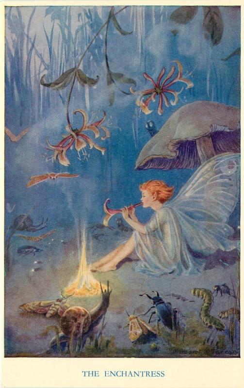 Medici Fantasy Postcard Pk 184 A/S M.Tarrant Fairy Enchantress Plays Music Dusk