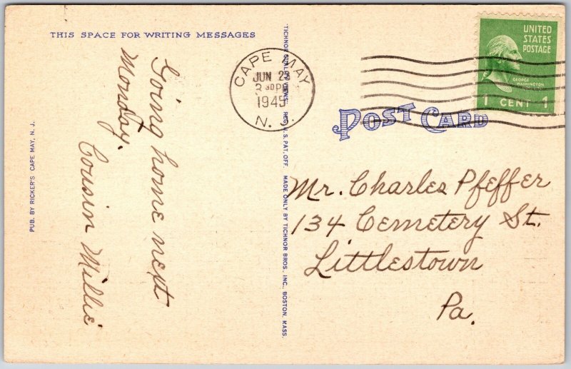 Cape May Point New Jersey NJ, 1945 Lighthouse, White Tower, Trees, Postcard