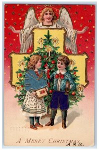 1907 Christmas Tree Decorated Candle Lights Angel Children Embossed Postcard 