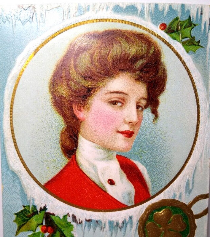 New Years Postcard  Lovely Victorian Lady Embossed 1910 Germany Vintage Original 