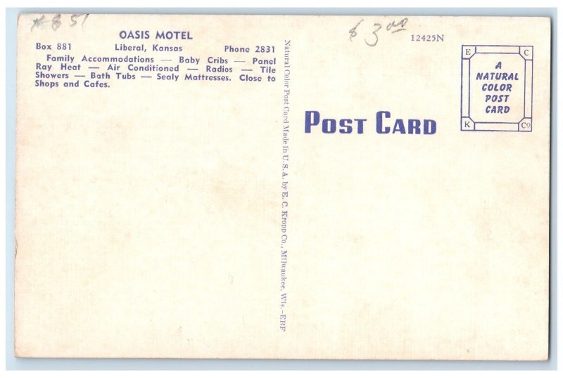 c1950's Oasis Motel On US Hwy 54 West End Of Town Liberal Kansas KS Postcard