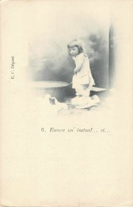 sweet girl metal wash tub undivided french postcard c 1905 aj2 236