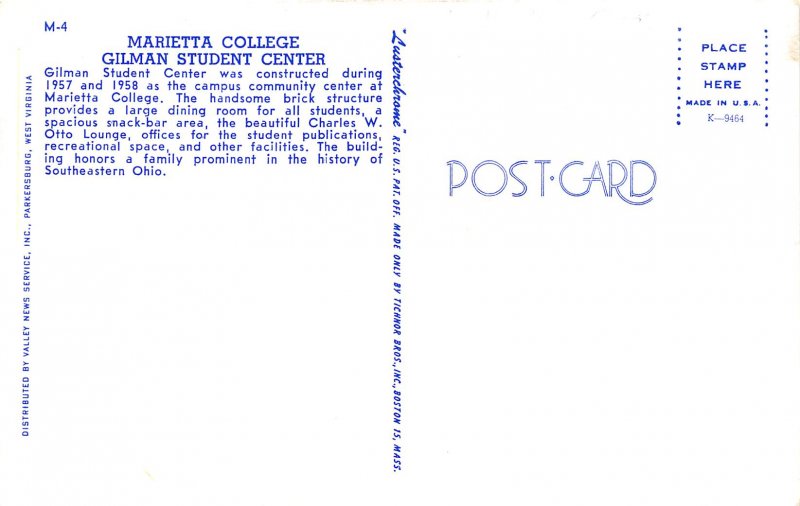 Marietta Ohio 1960s Postcard Marietta College Gilman Student Center