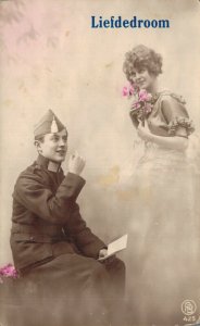 Military World War 1 Soldier And His Girl Romantic RPPC Vintage Postcard 07.15