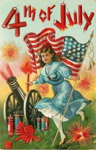 Patriotic, 4th of July, Women with Flag and Fireworks, Cannon, Embossed