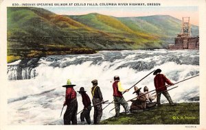 Indians Spearing Salmon at Celilo Falls Columbia River, Oregon, USA Fishing U...