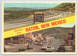 Raton New Mexico~Welcome Sign to Colorado & Downtown~Continental Postcard 