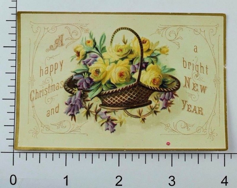 1870's-80's Embossed Victorian Christmas & New Years Trade Card Yellow Roses P66