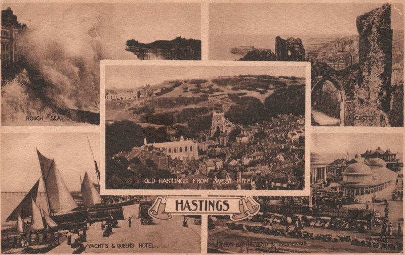 Vintage Postcard Old Hastings From West Hill Yachts & Queens Hotel Promenade