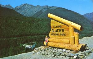 Leaving Glacier Park Sign Golden BC Rogers Pass Young Girl Vintage Postcard D10c