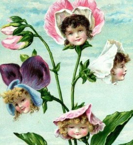 1882 Raphael Tuck Fantasy Easter Card Anthropomorphic Girl Flower Heads #5C