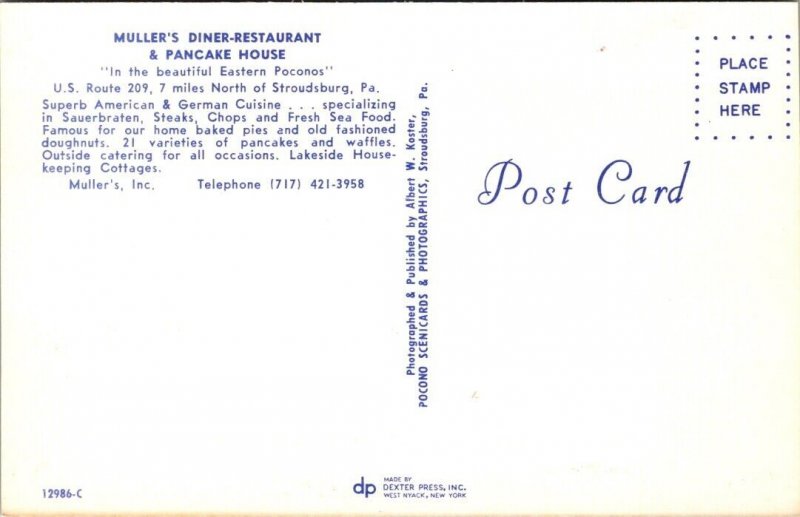 Postcard Muller's Diner-Restaurant & Pancake House in Stroudsburg, Pennsylvania