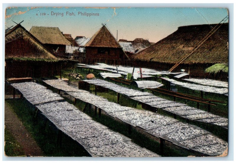1913 Nipa Hut Drying Fish Philippines Antique Posted Rizal Stamp Postcard