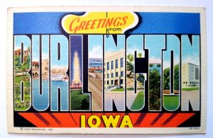 Greetings From Fort Burlington Iowa Large Letter Postcard Linen Curt Teich 1945