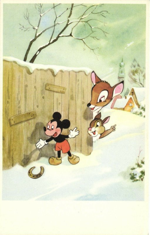 PC DISNEY, MICKEY MOUSE AND BAMBI, Vintage Postcard (b35870)