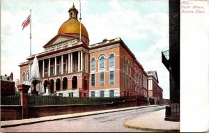 Historical State House Boston Massachusetts US Flag Gold Dome Fountain Postcard 