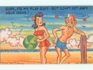 Linen-ish Risque MAN LOOKING AT BIKINI GIRL WITH BEACH BALL AB6838