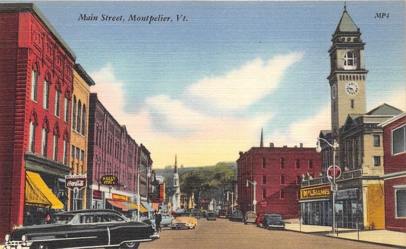 Montpelier Vermont~Main Street~McLellans~Kelly Tire~Billiards/Coca-Cola Sign~40s